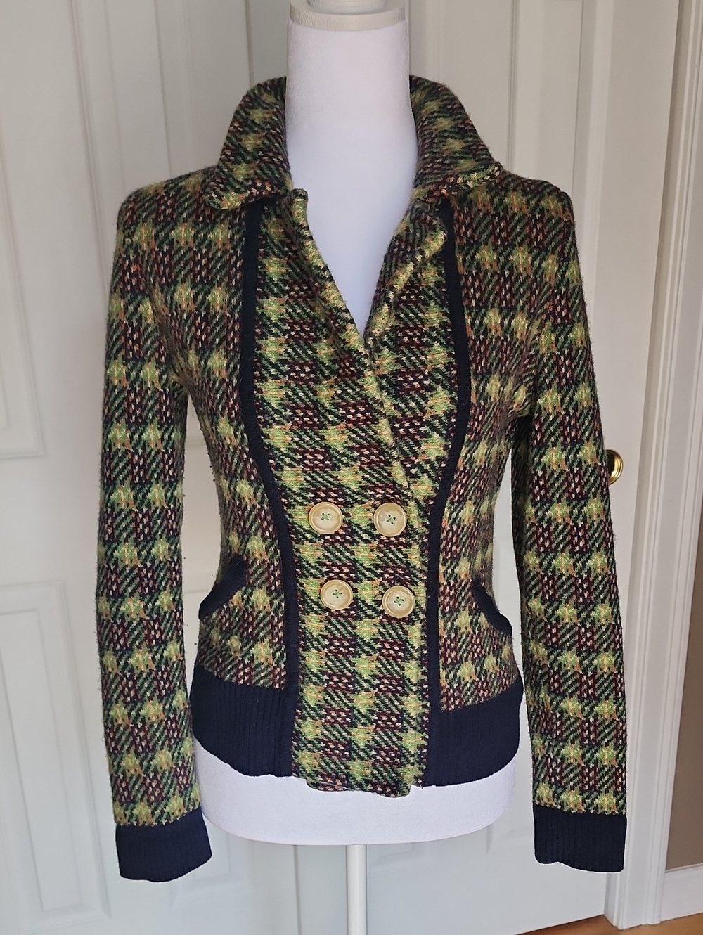 Sparrow (Anthropologie) Green Plaid Double-Breasted Knit Sweater with Navy Trim